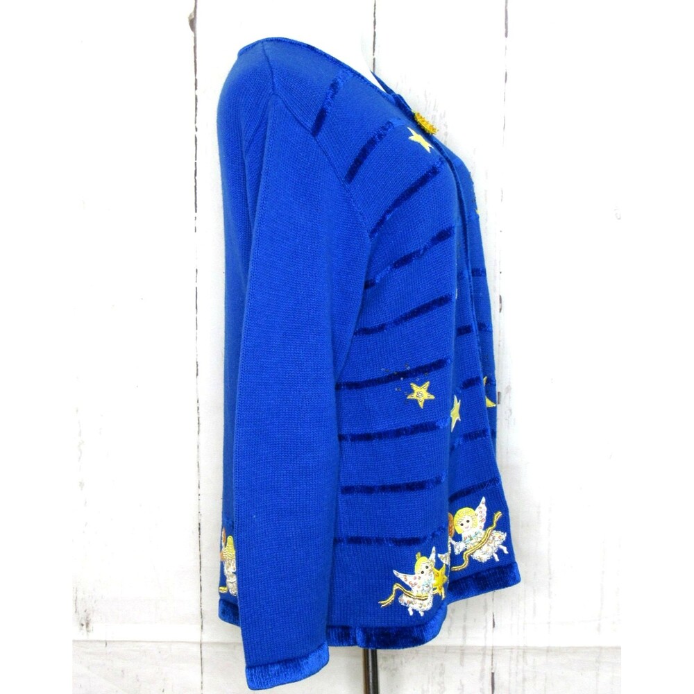 Quacker Factory Blue Angel Christmas Cardigan Sweater Women's Large Embellished - Picture 4 of 7